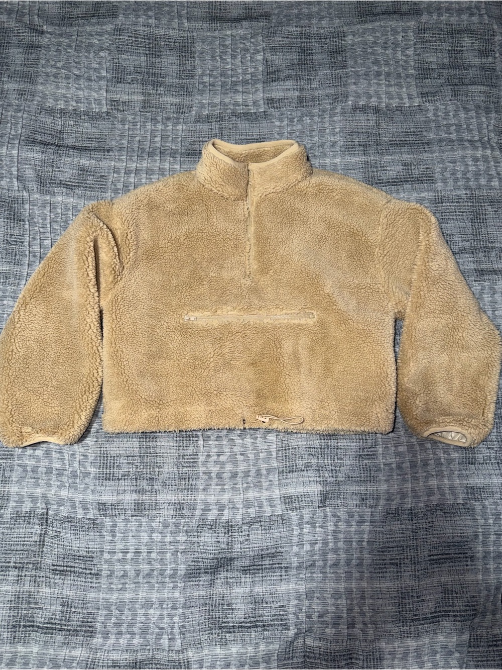 JLUXLABEL Womens Sherpa Fleece Pullover Beige Cropped Quarter Zip Size Small